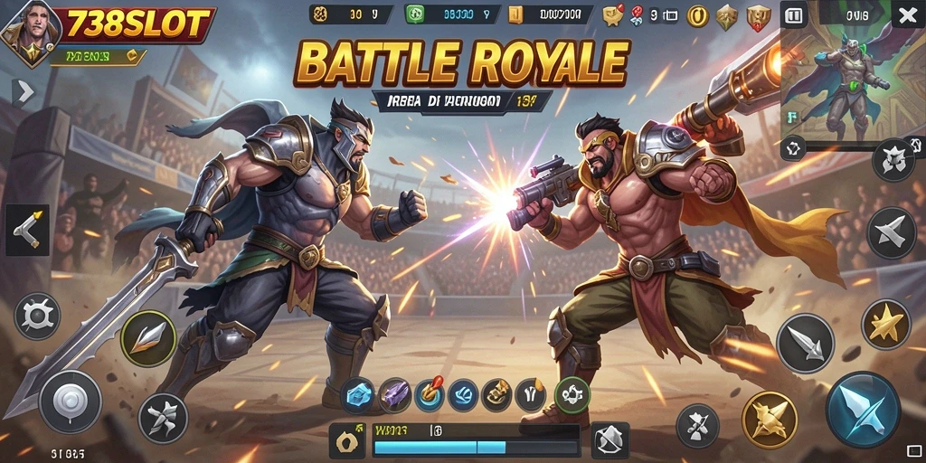 Screenshot gameplay 738SLOT menunjukkan aksi pertarungan yang mendebarkan.