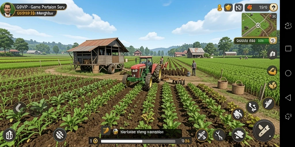 Tampilan gameplay menarik dari aplikasi G9VIP yang menggambarkan aktivitas bertani.