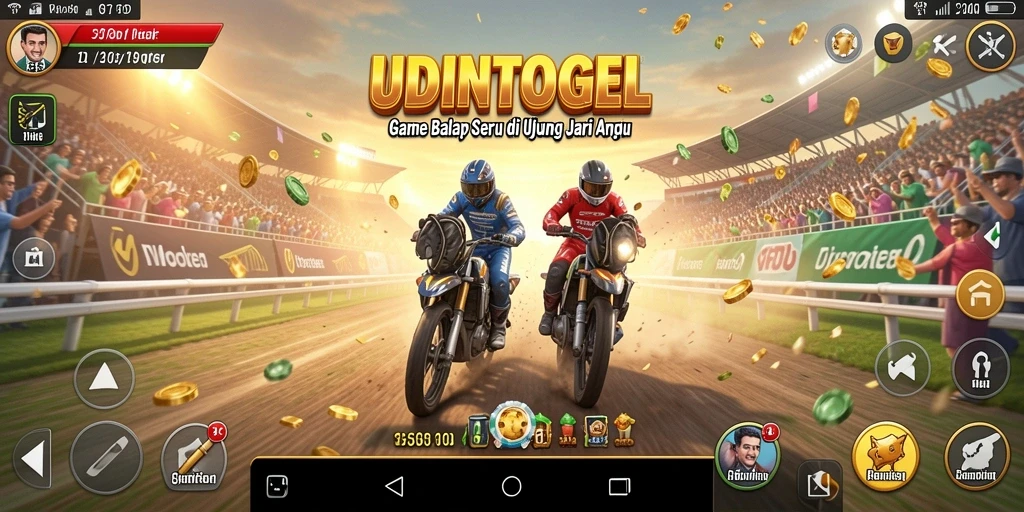 Screenshot utama UDINTOGEL menampilkan aksi balapan yang seru dengan kendaraan yang cepat.